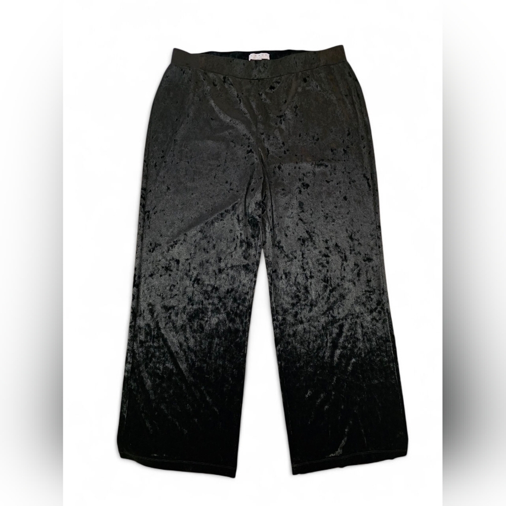 Chaus New York Black Crushed Velvet Pull-on Elastic Wide Leg Pants Women  XL